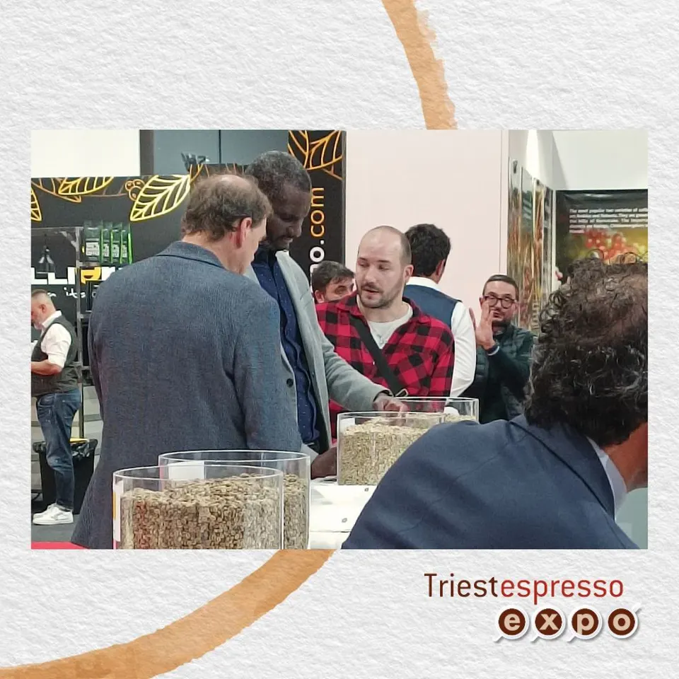 Visitors looking at coffee samples
