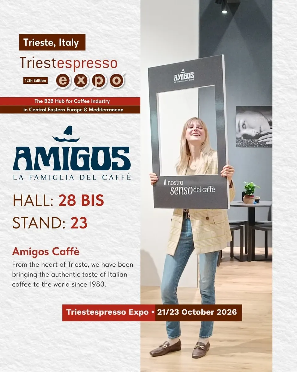 Amigos Caffè card, with logo and a photo