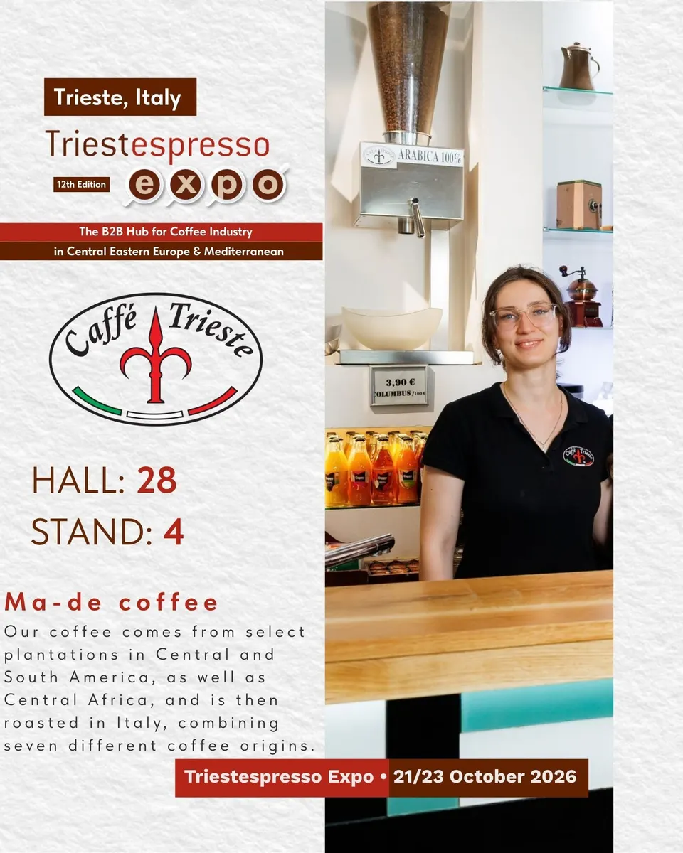 Caffè Trieste card, with logo and a photo
