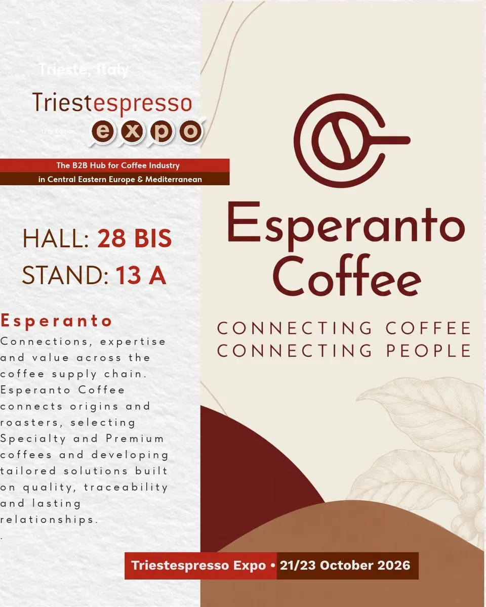 Esperanto Coffee card, with logo and a photo