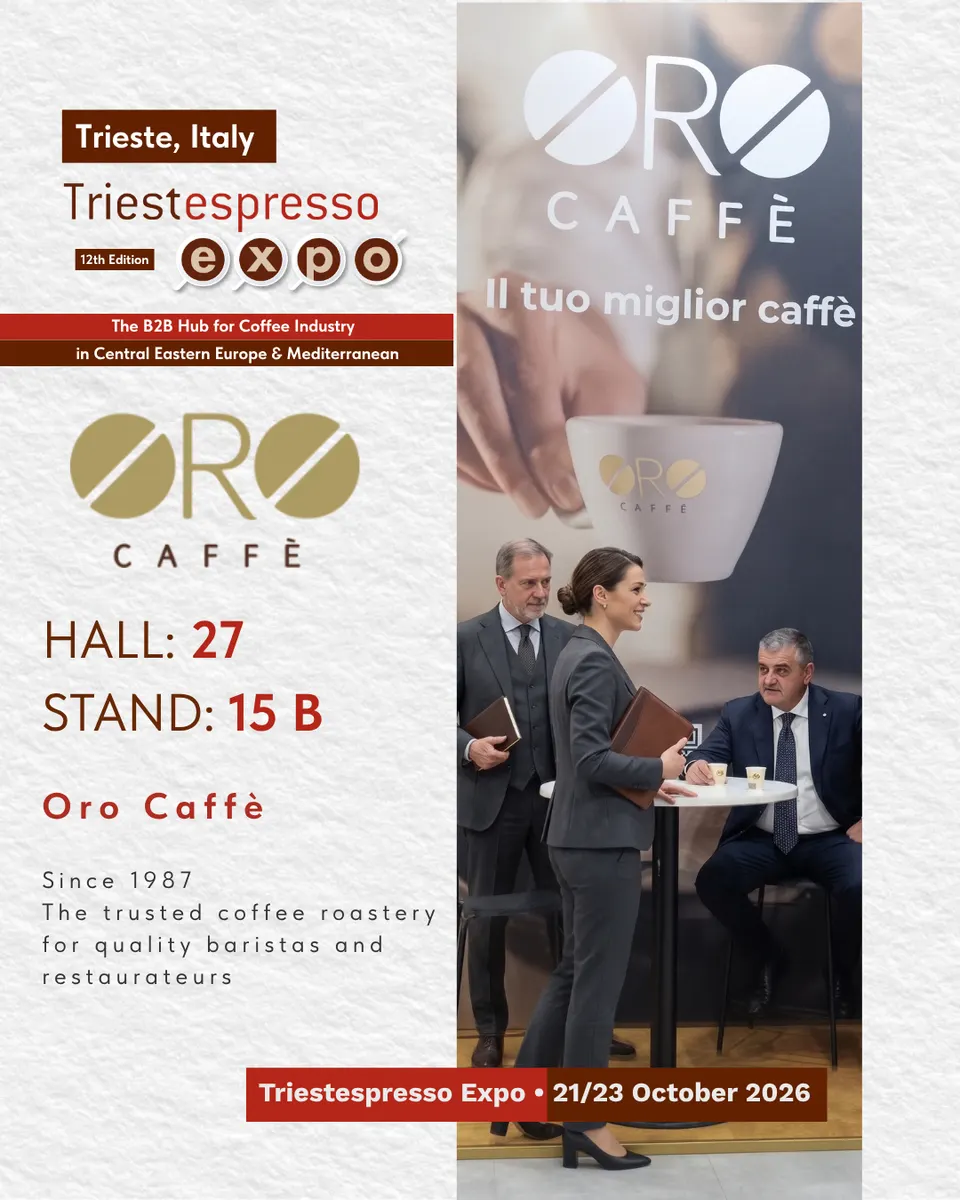 Oro Caffè card, with logo and a photo