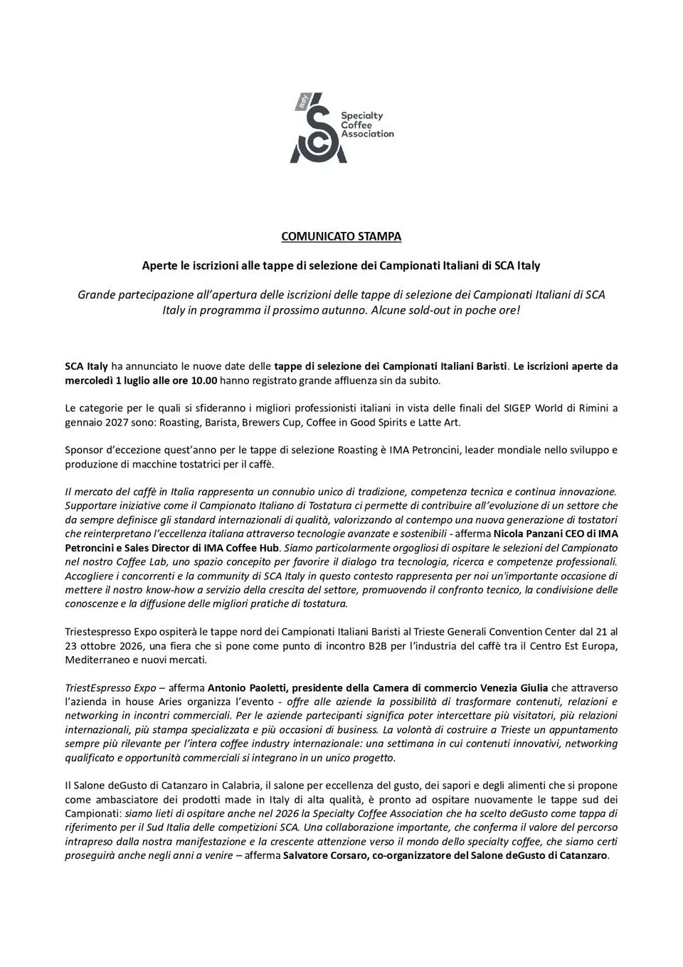 Il comunicato di SCA Italy, prima pagina