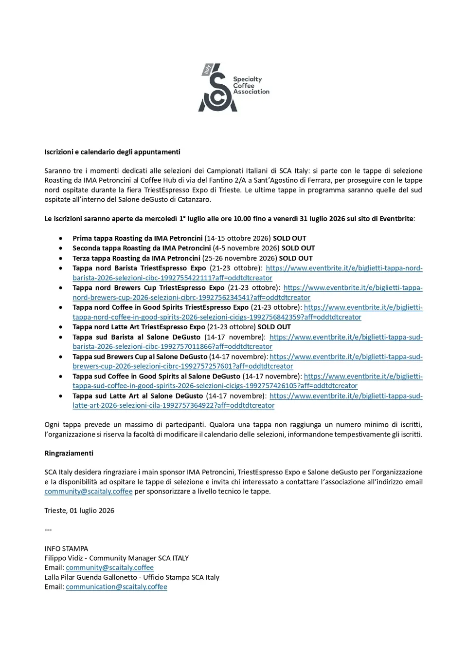 Il comunicato di SCA Italy, seconda pagina